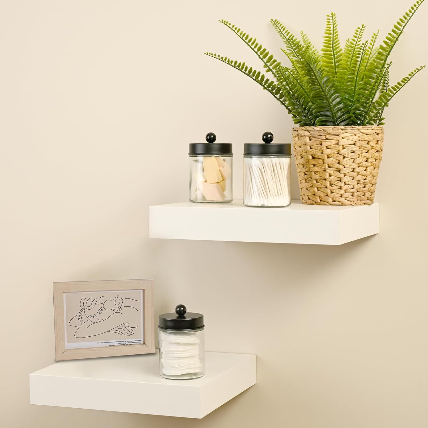 SheeChung Qtip Dispenser Holder 4pcs, Glass Apothecary Jars with Stainless Steel Lids &Stickers, Countertop Canister Guest Bathroom Storage Organizer Set for Cotton Swabs/Balls, Floss Picks(Black)